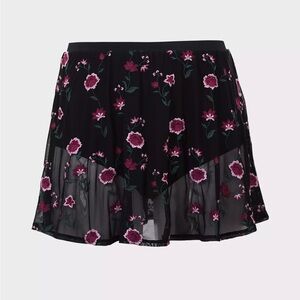 Torrid Black Mesh with Pink Floral Embroidery Swim Skirt